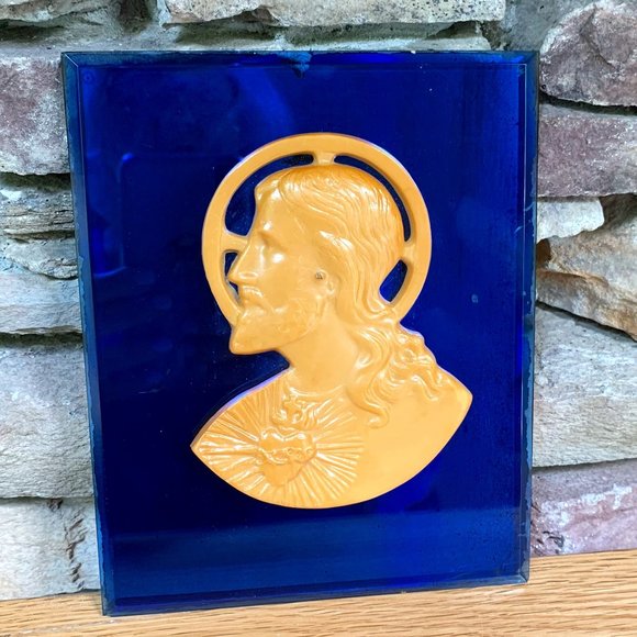 VTG Jesus Blue Mirror Art Deco 20s 30s Plaque Christian Religious Celluloid Art - Picture 1 of 8